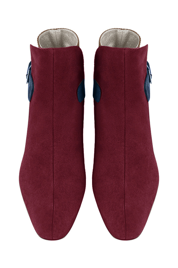 Burgundy red, caramel brown and navy blue women's ankle boots with buckles at the back. Square toe. Medium block heels. Top view - Florence KOOIJMAN